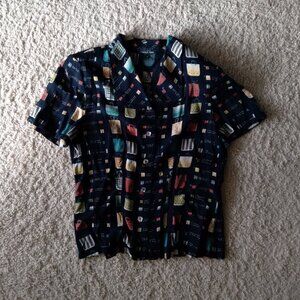 Vintage Cynthia Max Shopping Bag Print Button Down Top and Skirt Set Size Small